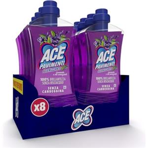 ACE Pavimenti Igienizzante Talco e Muschio Bianco - Detersivo Pavimenti Casa, Pulizia e Igiene Profonda, Rimuove Sporco Ostinato, Senza Risciacquo, Fresco Profumo, 8 bottiglie da 1 Litro