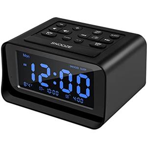 Lancoon Digitale Comodino Radiosveglia Porte di Ricarica USB Doppie LCD Display Della Temperatura Snooze Retroilluminazione Regolabile Suonerie FM Musicali Integrate con Antenna Esterna(Nero)
