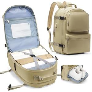 kibachev Zaino da Viaggio Aereo Bagaglio a Mano Con Portascarpe 45x36x20, Capiente Borsa Porta Pc Impermeabile Donna/Uomo, Zaino Business Multitasche (Cachi)