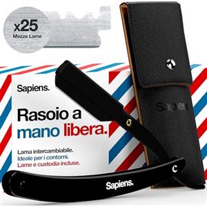 Sapiens Rasoio a Mano Libera - Rasoio Barba Uomo + 25 Mezze Lamette Barba + Custodia da trasporto - Rasoio Manuale con Lama Intercambiabile per Taglia Barba