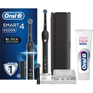 Oral-B Spazzolino Elettrico Ricaricabile Smart 4 4500 CrossAction, Nero, 3 Modalità Di Spazzolamento, 2 Testine, Custodia Da Viaggio Premium + Dentifricio Oral-B Sensibilità E Gengive Calm Classico