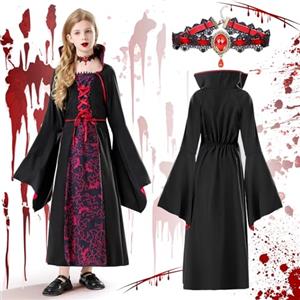 FFTANXS Costume Vampiro Bambino Nero e Rosso, Vampira Con Collana, Vestito Gotico, Halloween Per Carnevale, Festa A Tema, Dracula, Cosplay Party (4-6 Anni)