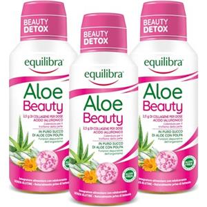 Equilibra Integratori Alimentari, Aloe Vera Beauty, Integratore a Base di Aloe Vera, Collagene, Acido Ialuronico e Calendula, per Una Pelle Tonica e Compatta, con Succo d'Arancia, 3 Bottiglie da 500ml