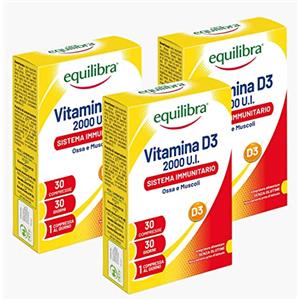 equilibra Integratori Alimentari, Vitamina D3, Integratore Vitamina D3 per la Normale Funzione del Sistema Immunitario, per il Mantenimento di Ossa Normali, 2000 UI, 3 Pezzi da 30 Compresse Altodosate