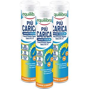 equilibra Integratori Alimentari, Più Carica, Integratore per la Normale Funzione Muscolare, con Potassio, Magnesio, Calcio, Vitamina C e Vitamina E, Gusto Lime, 3 pezzi da 20 Compresse Effervescenti