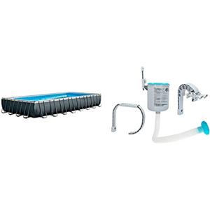 Intex 26374 Piscina Rettangolare, con Pompa a Sabbia, Scaletta Doppia, Telo, Capacità d'Acqua 54.368 L al 90%, Grigio, 975 x 488 x 132 cm & Skimmer Di Superficie Per Montaggio A Parete, Grigio Blu