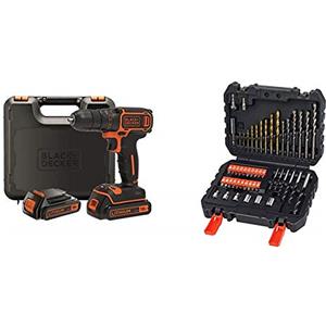 BLACK+DECKER BDCDC18KB-QW Trapano Avvitatore, con Doppia Batteria al Litio, 18 V, 1.5 Ah, Valigetta, Arancione + A7188-XJ Set per Forare ed Avvitare, 50 Pezzi