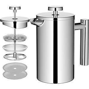 MaxMiuly Caffettiera French Press 0,6 litri, 3 tazze, in acciaio inox, a doppia parete, termica, 600 ml, piccola pressa francese, argento
