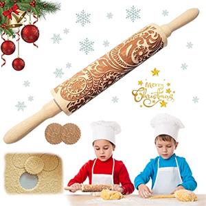 WELLXUNK Mattarello, Mattarello di Natale, Goffratura Mattarello, Mattarello di Rilievo, Mattarello in Legno, Mattarello Inciso, Mattarello 3D Rolling Pin, Per Biscotti Natalizi Fai Da Te (A)