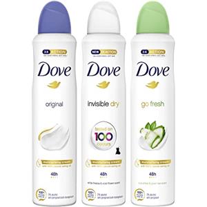 Dove, Deodorante Dove Spray Mix, Profumazione Original, Go Fresh Cetriolo e Tè Verde, Invisible Dry, con Crema Idratante e Antitraspiranti, Senza Alcool, Deodoranti Uomo e Donna, 3 Pezzi da 250 ml