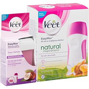 VEET Kit Depilazione Veet Easywax con Scaldacera Elettrico Roll-On + 2 Ricariche Natural Inspiration e Easy Gelwax da 50ml + 24 Striscie in Tnt + 8 Salviette Post-epilazione