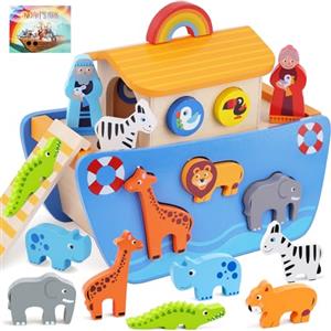 KMTJT Noahs Arche - Set da gioco per bambini, in legno, con libro biblistico, regalo per 2 3 ragazzi e ragazze, Montessori, giocattolo educativo per bambini