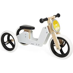 Janod - Bici Senza Pedali Triciclo Evolutivo 2in1 in Legno - Sellino Regolabile e Impugnature Ergonomiche - Look Retrò - Equilibrio e Autonomia - Grigio - Dai 18 Mesi, J03280