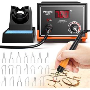 Preciva Pirografo per Legno con Display Digitale Temperatura 250-700°C, Kit Pirografia Professionale con 20 Teste Intercambiabili, Penna Incisione Legno Pelle DIY (Pirografia Singola)