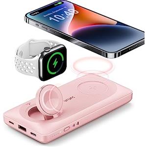 VRURC Power bank Magnetico, PowerBank 10000mAh, Caricabatterie Wireless 3 in 1, Ricarica Rapida da 22,5 W Compatibile con iPhone Serie, Apple Watch Ecc - Rosa