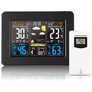 AOZBZ Igrometro Termometro Digitale, Stazione Meteorologica Wireless Orologio Digitale Colorato Previsioni Meteo Interna Termometro Esterno con Temperatura Umidità Barometro Allarm Camera da Letto