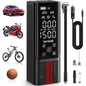 Lamicall Compressore Aria Portatile, 150 PSI Gonfiatore Elettrico Auto - [7500 mAh Batteria & 12V DC] con Display LCD Digitale e Luce LED, Power Bank, Mini Pompa con 3 Ugelli per Auto/Bici/Moto/Palla