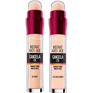 Maybelline New York Il Cancella Età Correttore Liquido Multiuso Colore 02 Nude con Applicatore a Spugnetta + Cancella Età Correttore Liquido 121 Light Honey Contro le Occhiaie Instant Anti-Age