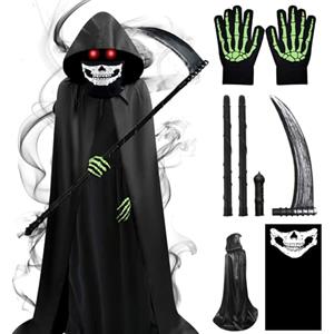 DaengGeGe Costume Morte Bambini, Costume Mietitore Di Halloween Bambini, Set Maschera Di Scheletro, Comprende Un Mantello Mietitore 120 cm, Falce, Maschera, Guanti, Per Halloween, Carnevale, Gioco Di Ruolo