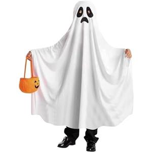 Fiyuer Costume Fantasma Bambino da Halloween, Costume di Halloween da Fantasma Bianco per Bambini con Sacchetto di Zucca