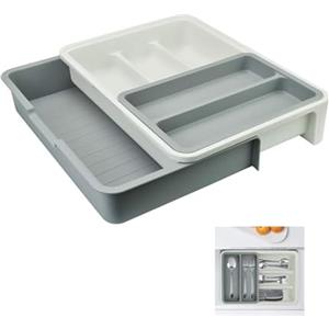 KLYNGTSK Portaposate Portautensili Organizzatore Antiscivolo Portaposate 3-in-1 Inserti espandibili per cassetti da cucina con 7 scomparti per stoviglie Utensili da cucina Argenteria Pentole(Grigio)