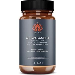 QSTA Ashwagandha KSM-66 + Sensoril (15-20% Withanolidi) Adattogeno e Nootropico per Sonno Profondo, Benessere, Energia, Cortisolo abbassare dimagrire | Fornitura di 2 Mesi