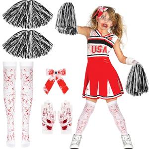 BTHRORO Costume per Bambine Cheerleader Zombie, Vestito Cheerleader Pompon Guanti Calzini Insanguinati Fermagli per Capelli per Costumi Feste di Halloween Festa Sportivo Dress Up