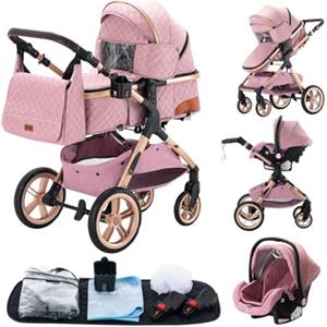 GLOKID Passeggino 3 in 1, Passeggino Canne, Trio,adattatori universali, carrozzina per bambini fino a 25 kg, 4 ruote con ammortizzatori, navicella, grandi ruote, pieghevole con（XX1 Rosa）