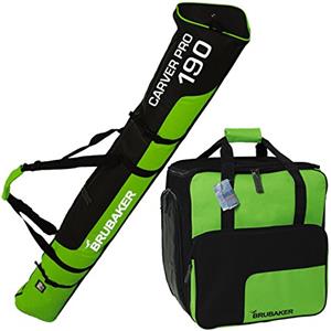 Brubaker Set Combinato Ski Sacco e Borsa per Scarpe da Sci per 1 Paia di Sci Fino a 190 cm + bastoni + Scarpe + Casco Verde Nero