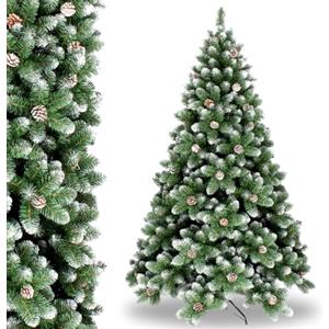 acquaverde Albero di Natale Innevato con Pigne 210 cm, Realistico e Folto, 1298 Rami con Apertura ad Ombrello, Abete Artificiale Ignifugo, In PVC, Verde e Bianco, con Base robusta in Metallo