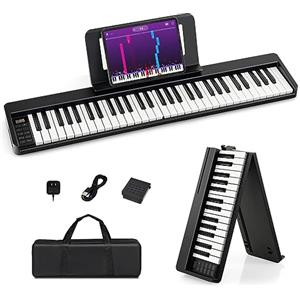 RELAX4LIFE Pianoforte Digitale Portatile a 61 Tasti Illuminati, Pieghevole con Doppie Tastiere, Custodia, Leggio, Modalità di Insegnamento,Schermo LED, MP3/USB/MIDI/Bluetooth