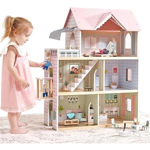 Giant Bean Casa Bambole Legno, 80 cm Casa Delle Bambole in Legno di Altezza Con Ascensore, Campanello, Luce, 15 Mobili e 3 bambole, Regalo Giocattolo per Ragazze dai 3 ai 7 Anni +