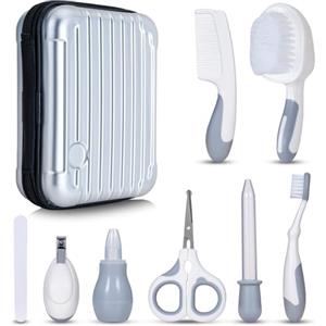 Generic Little Angel - Kit per la cura della cura della scuola materna, con spazzola per capelli, tagliaunghie, termometro, aspiratore nasale, per neonati e bambini, colore: bianco e grigio