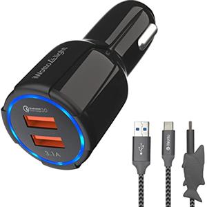 iWotto E light iWotto 18W - Caricatore da auto USB a doppia porta - Set di caricabatterie Shark - Doppia porta - Caricatore QI USB 3.1 Fast Charge & USB 3.0
