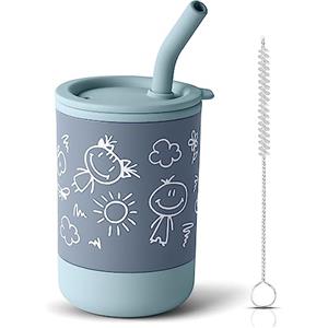 Vicloon Tazza con Cannuccia per Bambini, 147ml Tazza da Allenamento per Bambini, Tazza in Silicone per Bambini Antiscivolo, Progettato per L'alimentazione del Bambino, con Spazzola per Pulizia, Blu