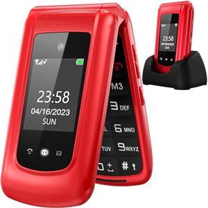 uleway GSM Telefono Cellulare per Anziani,Tasti Grandi,Volume alto,Funzione SOS,Pantalla 2.4,Base di ricarica e fotocamera(Rosso)(con 1 * batteria 1000mAh)