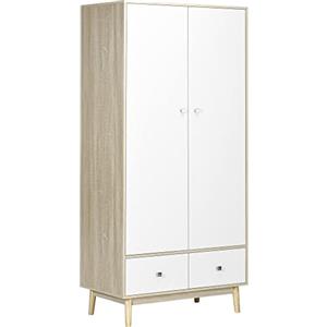 HOMCOM Armadio 2 Ante in Legno con 4 Vani, 2 Cassetti e Appendiabiti, Color Legno e Bianco, 90x50x190cm