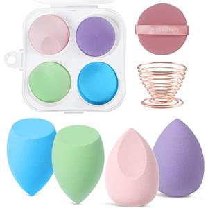 AUAUY Spugnette Trucco, Spugna di Bellezza per Fondotinta 4 pz con 1 Supporto e 1 piumino da cipria，applicatore cosmetico multicolore per uso asciutto e bagnato per Liquidi, Crema e Polvere （Macaron）