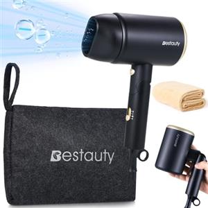 Bestauty Phon Capelli Asciugacapelli Ionico Professionale 2000W, Mini Phon Capelli da Viaggio Potente, Portatile e Compatto, Manico Pieghevole, 3 Temperature, 1 Bocchetta per lo Styling e Asciugamano, Oro Nero