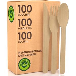 Baciato Caffè Set Posate Ecologiche in Legno di Betulla 100 Forchette + 100 Coltelli + 100 Cucchiai - Monouso 100% Naturali Biodegradabili e Compostabili Usa e Getta