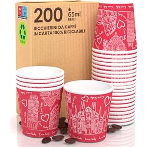 Eurocali 200 Bicchierini in Carta per caffè 65ml Italy Red Bicchieri Ecologici Biodegradabili Monouso Piccoli Asporto Bevande Calde