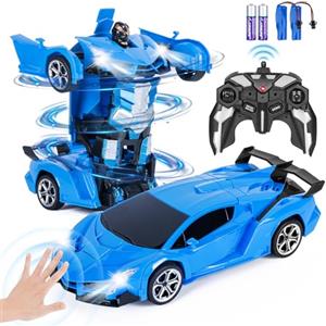 Highttoy Macchina Telecomandata per Bambini,Auto Telecomandata Robot con Rilevamento Gesti, Luce e Suono Trasformatore Robot Giocattolo Bambino 3 4 5 6 7 8 Anni Macchina RC Robot Rotazione a 360° Blu