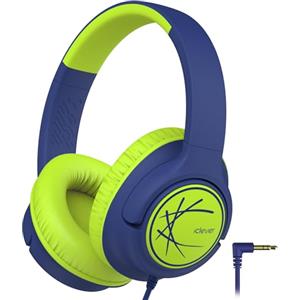 iClever Cuffie per bambini, cuffie per bambini con cavo 85dBA Volume sicuro, suono stereo, over ear, pieghevoli da 3,5 mm, jack per bambini, per iPad, tablet, scuola, viaggi, blu verde