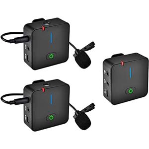 Andoer MX5 2.4G - Microfono di registrazione wireless (1 Reviver + 2 trasmettitori) con microfoni lavalier collegabili, portata effettiva di 50 m, per smartphone, fotocamera DSLR DV Vlog