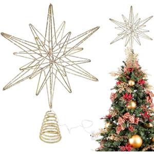 Firulab Puntale per albero di Natale Puntale per albero di stelle illuminato, luci a LED da 32 cm Ornamenti per puntale per albero di stelle con glitter dorati Arte in metallo per decorazioni natalizie