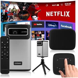 Overmax Multipic 8.1 - Proiettore Portatile Wireless con Risoluzione 4K, Luminosità 5000 Lumen, Auto Focus, Keystone, Android 9.0, Batteria Integrata 2,5h, Wi-Fi, Bluetooth, Altoparlanti 5W