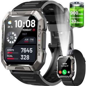 Baolubao Militare SmartWatch Uomo(Rispondi/Effettua Chiamate), Fitness Tracker con Torcia/Bussola/900mAh Batteria /24H Cardiofrequenzimetro/Sonno/ SpO2/100+ Modalità Sport per Android IOS (2 Cinturini)