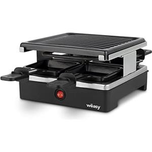 Wëasy LUGA40 Wëasy, apparecchio per raclette e grill per 4 persone, piastra grill rimovibile facile da pulire, 4 teglie antiaderenti, potenza 600 W