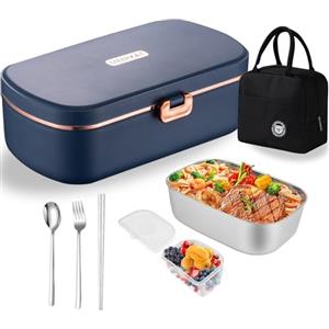 Electri-HQ Scaldavivande Elettrico Portatile con Borsa Frigo e Posate,Porta Pranzo da Ufficio e Auto,Lunch Box Portavivande Termico Elettronico Portatile in Acciaio Inox,Blu