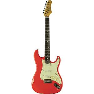 EKO GUITARS S-300 Relic Fiesta Red, Chitarra Elettrica con Finitura Relic della Serie 'Tribute Relic', Corpo in Pawlonia, Manico in Acero Americano, Tastiera 22 Tasti in Resina Eko WPC